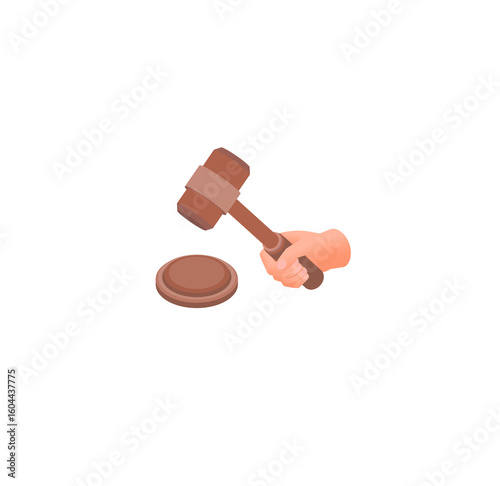 Isometric Illustration: Hand Holding Gavel About to Strike Brown Sound Block