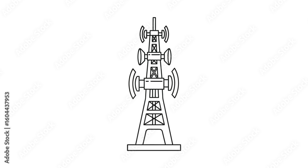Fototapeta premium Isolated minimalistic outline communication tower broadcasting signals on white background, line art style representation of telecommunication