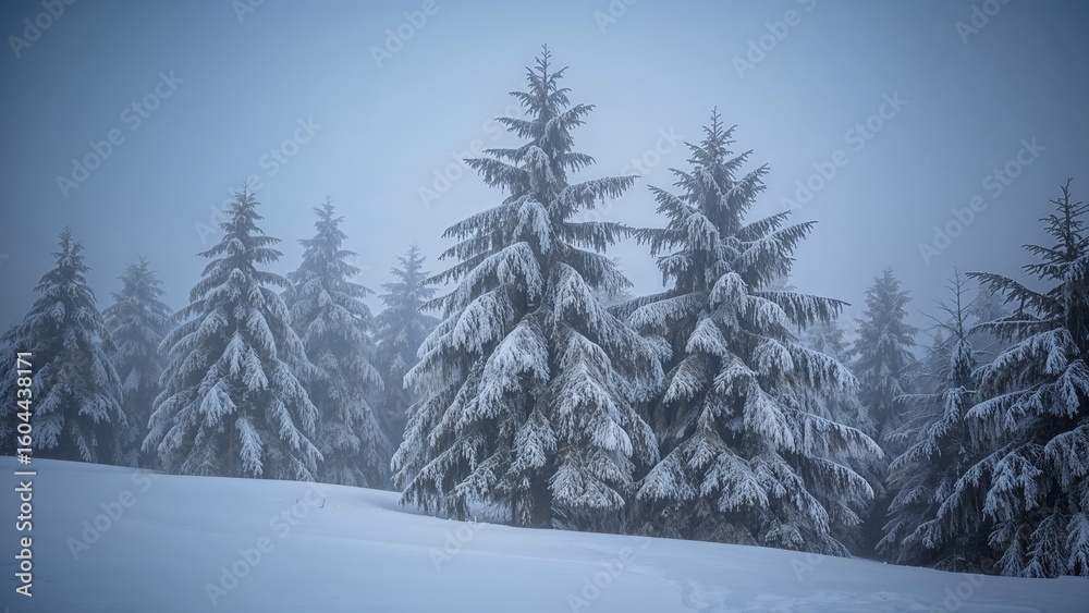 Naklejka premium Snow-covered evergreen landscape shrouded in freezing fog