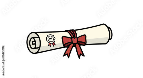 Cartoonish graduation diploma with a red ribbon, signifying academic achievement and success in educational pursuits completed successfully