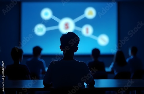 Cinematic Financial Education Background of Students Watching Floating Icons in Dark Classroom