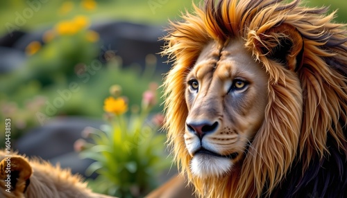 a majestic lion, its long mane flowing with the wind, standing proudly in a natural setting. its gaze is directed off to the side, giving an impression of alertness