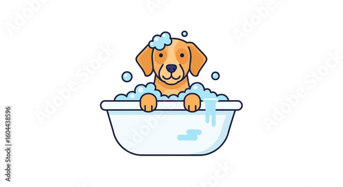 Cartoon Dog Enjoying a Bubble Bath in a Tub for Cleanliness and Hygiene Concept Design