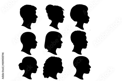 Vector cameo silhouette collection. Diverse man and woman head profiles with various hairstyles. Anonymous person face icon set for user avatar or graphic design element.