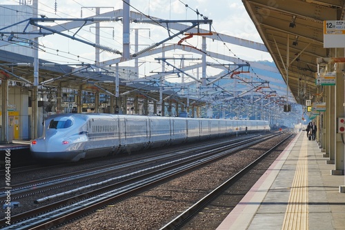 Shinkansen on platform in Himeji, Japan