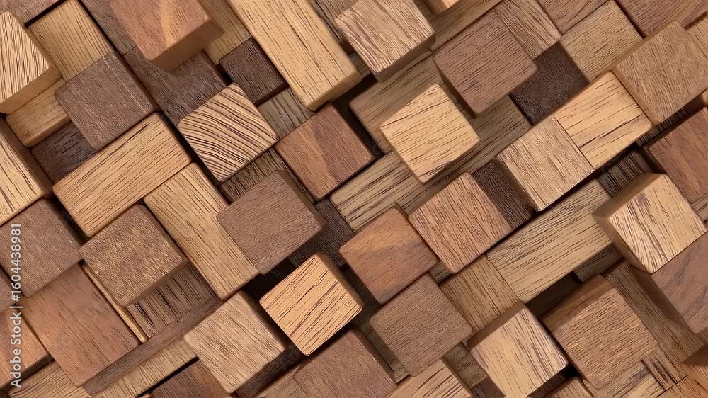 Add visual interest r motion graphics close up looping animation wooden blocks forming geometric patterns combining dynamic lighting natural textures artistic design