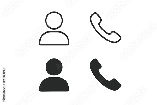 Contact icon set with four user avatar and phone call symbols. Vector graphic elements in outline and silhouette styles for user interface design, app buttons, and websites.