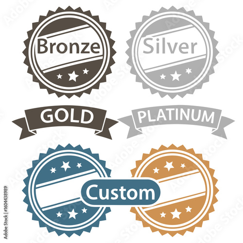 Achievement Badge Vector Pack Bronze, Silver, Gold, Platinum, and Custom Medals with Ribbons and Color-Coded Designs for Tiers, Rewards, and Certification Themes