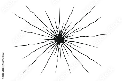 Cracked glass texture vector. Abstract grunge pattern with shattered break effect. Distressed surface fracture design for background or overlay. Graphic illustration of a hole.