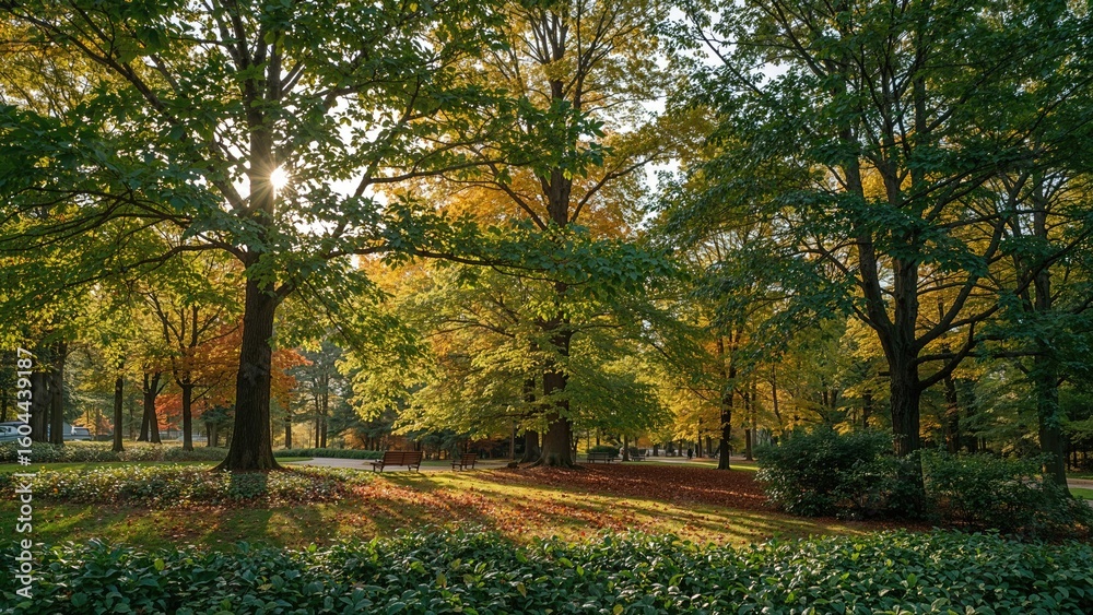 Naklejka premium Sunlit forest area in a city park showcasing autumn foliage and greenery