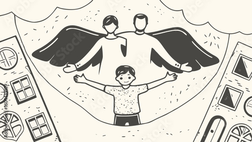 Illustration of a child with outstretched arms standing under the protection of two parents with wings silhouette