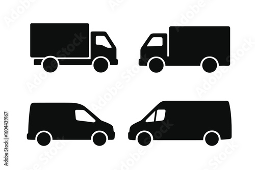 Delivery truck and van silhouette vector icon set. Cargo vehicle and transportation symbols for logistics, shipping services, and freight. Isolated graphic element.