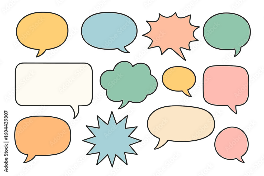 Fototapeta premium Set of colorful speech bubbles. Vector illustration of comic talk bubbles and thought clouds. Communication concept for chat, message, dialogue, and discussion graphics.