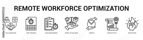 Remote Workforce Optimization Modern and clean web banner illustration featuring thematic icons for visual communication