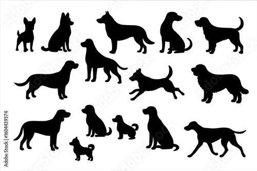 Dog silhouettes vector illustration. Collection of canine characters in various breeds, poses, and sizes. Pet animal icons for logo design, walking, sitting, running dogs.