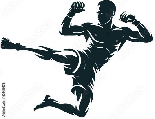 martial arts fighter in dynamic flying kick pose vector illustration