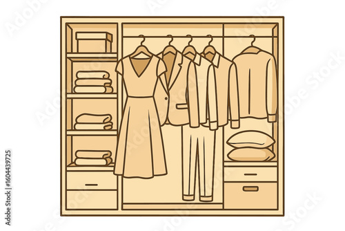 Wardrobe organization vector illustration. Open closet with hanging clothes, suit and dress. Home storage solution and furniture interior. Fashion apparel concept design.