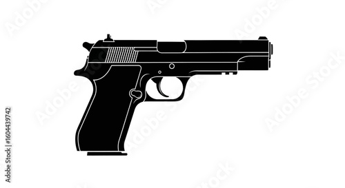 Black Handgun Silhouette on White Background, Illustrating Weaponry and Design Features