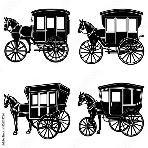 Collection of four horse drawn carriages with enclosed passenger compartments in black and white style