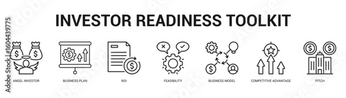 Investor Readiness Toolkit Modern and clean web banner illustration featuring thematic icons for visual communication