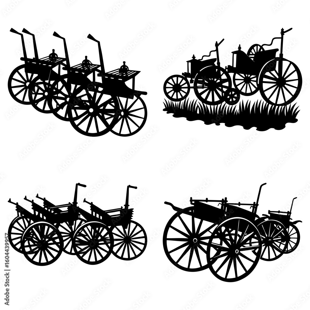 Fototapeta premium Silhouette illustration showing multiple vintage carriages and wagons in different arrangements and styles