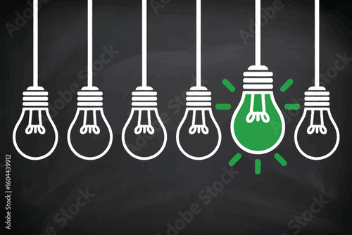 Row of light bulb drawings with one green bulb illuminated on a dark chalkboard background design