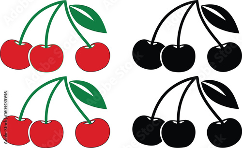 Two pairs of red cherries and two pairs of black cherry silhouettes isolated on transparent background silhouette
