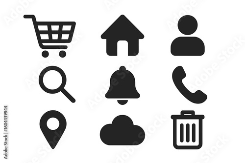 Web icon set vector graphic. Basic interface signs collection. Shopping cart, home, user profile, search, notification bell, phone, map pin, cloud, trash can symbols.