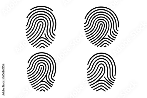Set of 4 fingerprint icons. Biometric identity symbol for security access and identification. Vector illustration of a thumb print pattern for forensic and privacy concepts.
