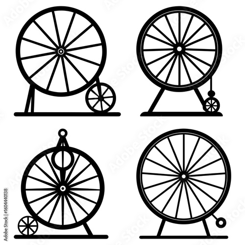 Illustration of four different wheel configurations with spokes and stands in a black and white design