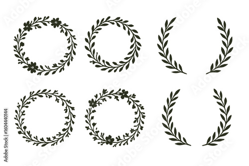 Floral wreath vector collection of hand drawn botanical elements. Vintage flower branches, leaf laurel design silhouettes. Nature inspired clipart for wedding or logo.