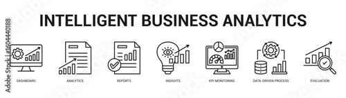 Intelligent Business Analytics Modern and clean web banner illustration featuring thematic icons for visual communication