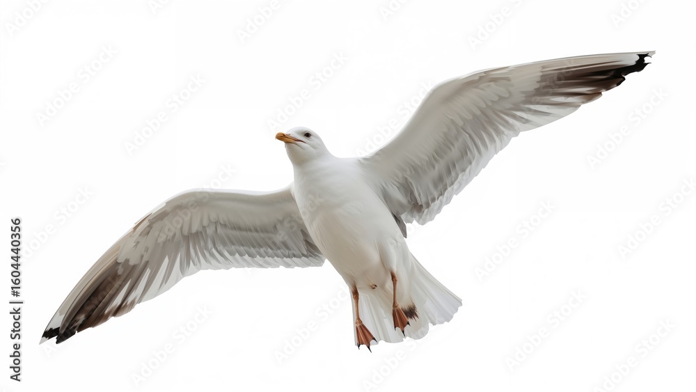 Fototapeta premium Seagull in flight against a white backdrop