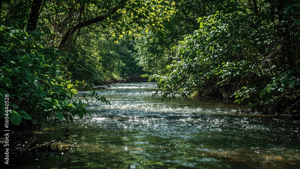 Naklejka premium A Soft Watercourse Winds Through Rich Greenery, Forming a Serene Natural Vista