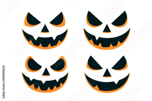 Set of scary Halloween pumpkin faces with evil grins. Spooky Jack o lantern carving vector illustration. Monster smile cutout collection for holiday decoration.