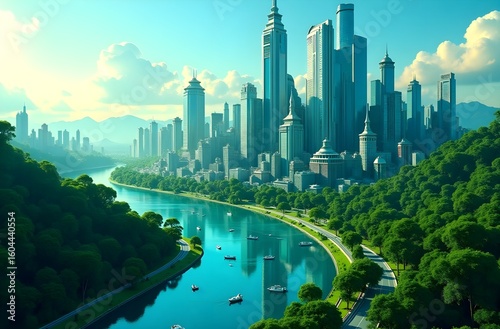 Futuristic Digital City Background Composed of Meme Parks, Ledger Roads, and Iconic Towers Representing the Virtual Economy