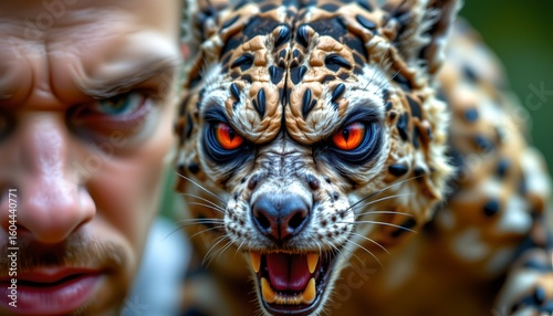 a man with a wild looking tiger's face edited onto his own. the man is outdoors, and he appears surprised or in awe of the digitally superimposed animal head on his face
