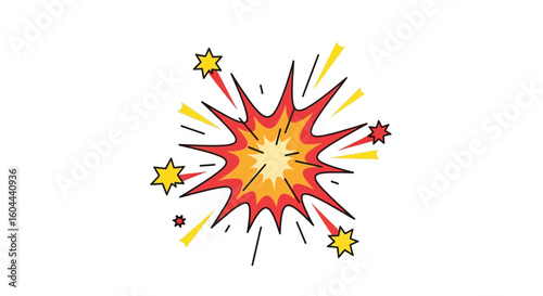 Energetic cartoon explosion with radiant stars emanating from a central burst graphic