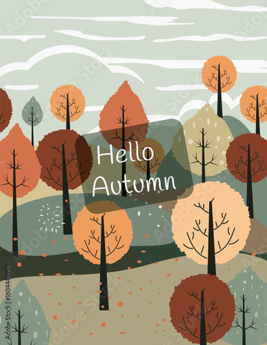 Autumn tree on hall and sky background. Banner fall season with text HELLO AUTUMN. Harvest landscape. Vector illustration