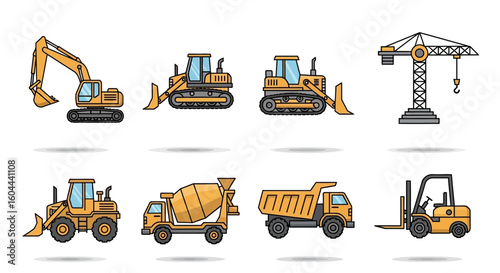 Cartoon Construction Vehicle Set: Detailed Illustration of Heavy Equipment for Building Projects and Industrial Applications