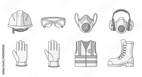 Essential safety gear: illustration of construction worker protective equipment outlined in gray scale offering a visual representation of vital