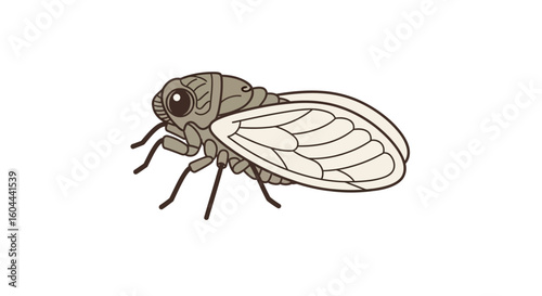 Detailed cartoon illustration of a cicada, showcasing its unique features and intricate wing patterns on a plain white background for children and