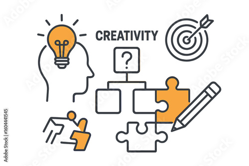 Creativity and problem solving icon set. Lightbulb idea, puzzle solution, strategy target. Business innovation, brainstorming process, teamwork vector illustration.