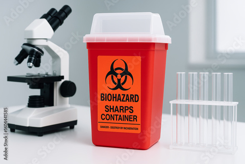 Biohazard waste storage container with sharp disposal in laboratory setting for safety