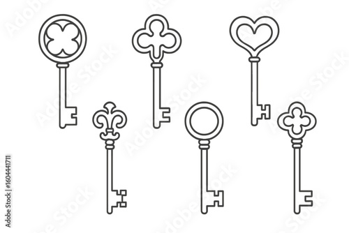Key line illustration, vintage keys vector icons, skeleton keys, simple design, antique keys, decorative elements. Concept of access, secret, solution, lock, unlock, security.