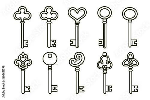 Vintage keys vector icon set. Antique skeleton key line art. Old decorative key silhouette collection. Simple retro outline design element. Secret, lock, security concept.