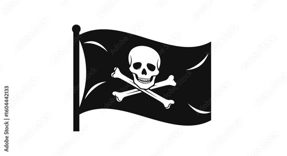 Fototapeta premium Iconic pirate flag featuring skull and crossbones on a black billowing banner in detailed monochrome vector art