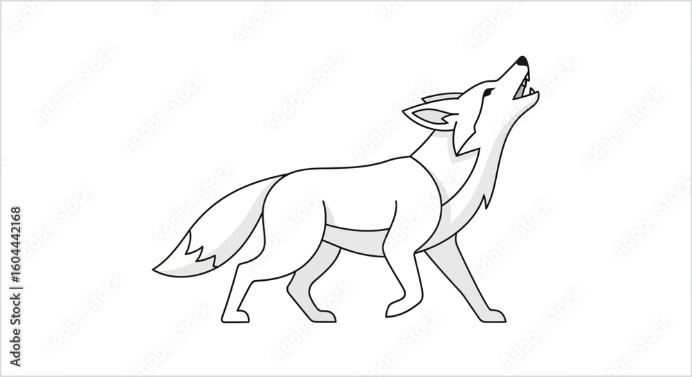 Obraz premium Stylized Black and White Illustration of a Howling Wolf with Bold Outlines on a Clean White Backdrop