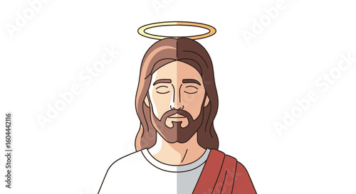 Cartoon Depiction of a Holy Figure with Closed Eyes and a Halo Above, Ideal for Religious Themes and Conceptual Illustrations of Divinity, Purity,
