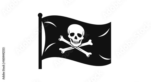 Iconic pirate flag featuring skull and crossbones on a black billowing banner in detailed monochrome vector art